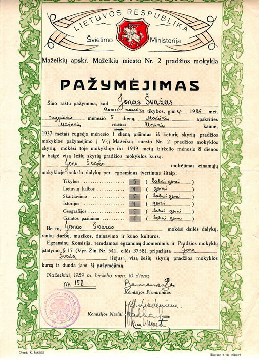 Mokyklos pažymėjimas 1939 m.