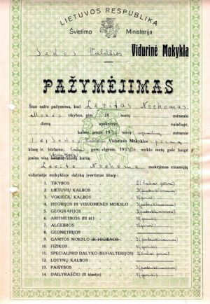 Sedos valdzios vidurine mokykla. Pazymejimas 1935.jpg