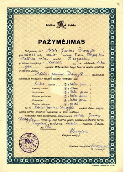 Vaizdas:Ziogaiciu prad. m-klos pazymejimas, 1943 m..jpg